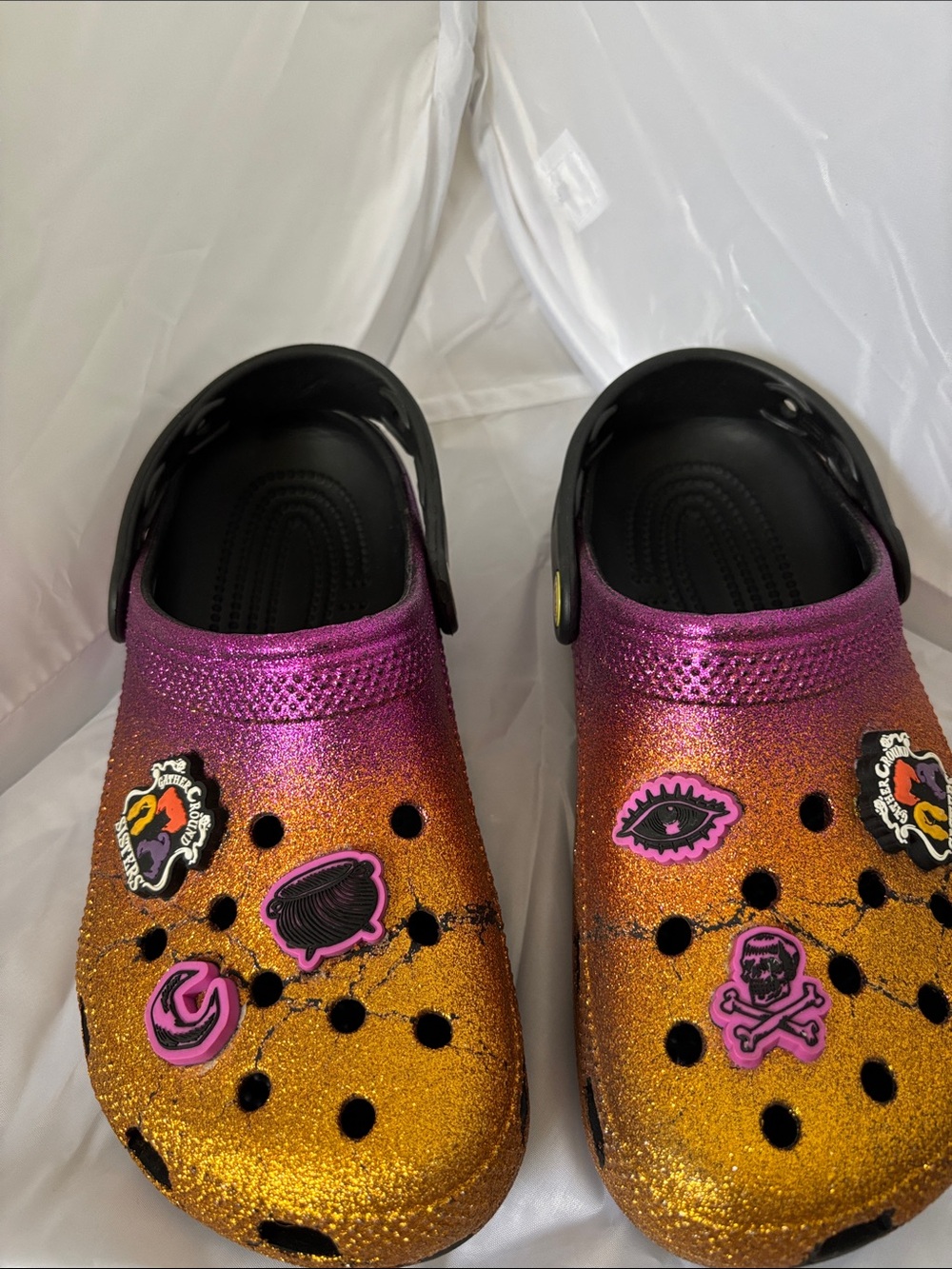 CROCS Kids Glitter Ombre Clogs in Pink and Orange with Jibbitz Charms